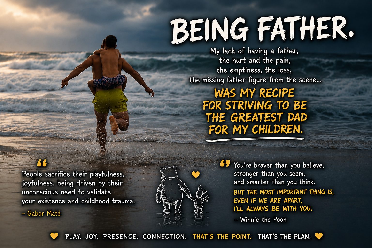 Barry de Jager running into the ocean carrying a child, alongside reflections on fatherhood, play, joy, presence and connection