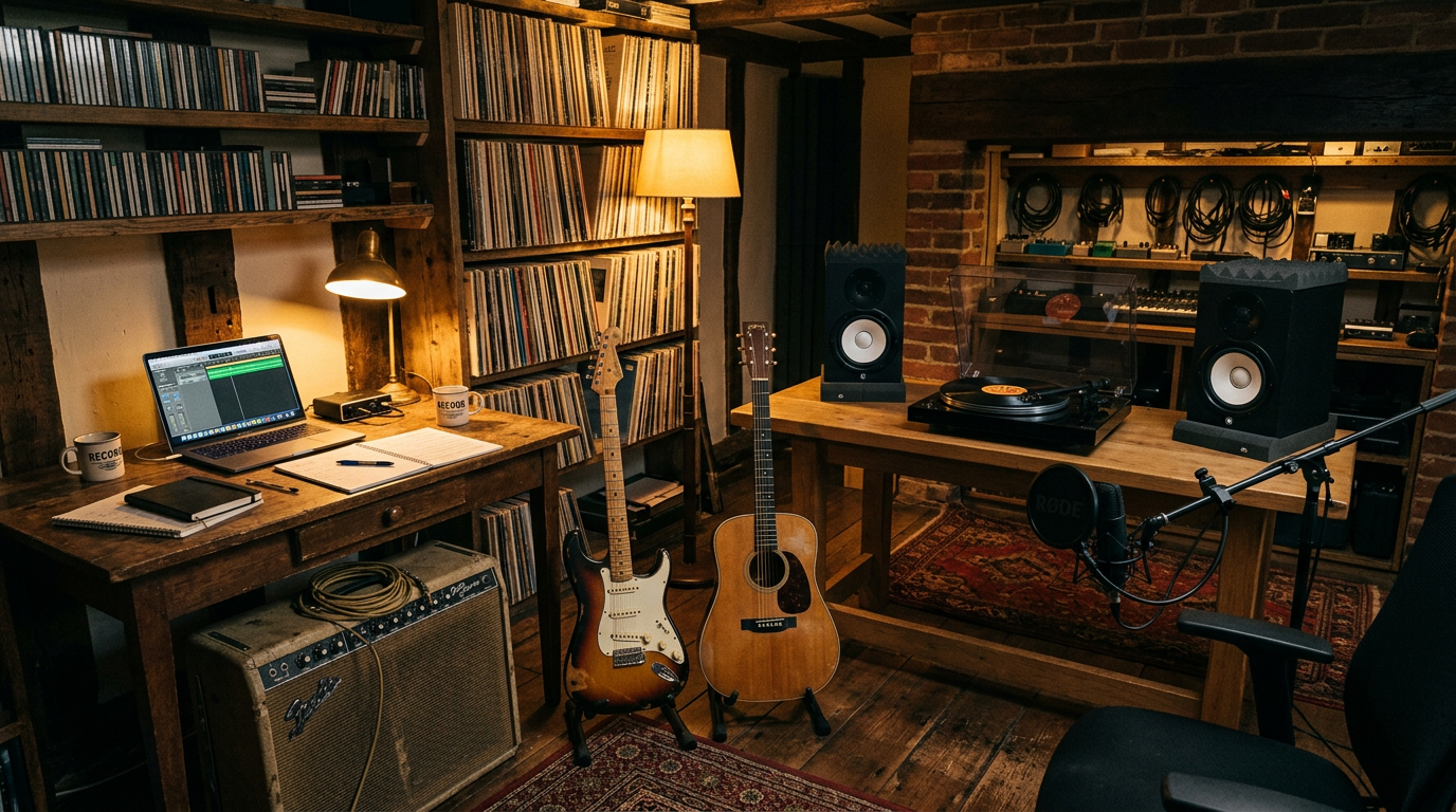 Barry's studio room — timber shelves of CDs and vinyl, guitars, an amp, studio monitors, a turntable and a microphone in warm light